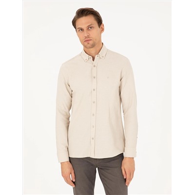 Bej Slim Fit Uzun Kollu Gömlek