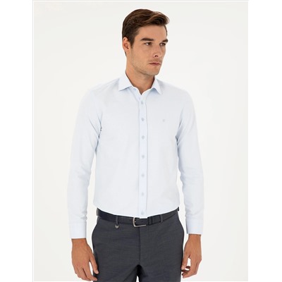Açık Mavi Slim Fit Armürlü Uzun Kollu Gömlek