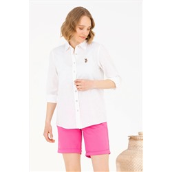 Kadın Beyaz Keten Görünümlü Basic Uzun Kollu Gömlek