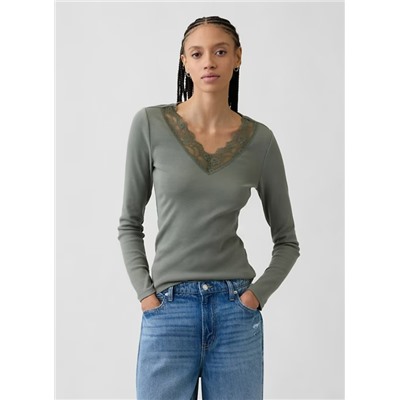 Ribbed Lace-Trim Top