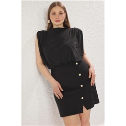 Trendyol Curve Siyah Vatkalı Mini Kolsuz Dokuma Büyük Beden Elbise TBBSS25AH00202
