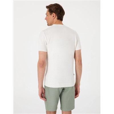 Ekru Slim Fit %100 Pamuk Bisiklet Yaka Triko Tişört