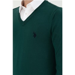 Erkek Slim Fit V Yaka Koyu Yeşil Basic Kazak