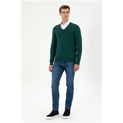 Erkek Slim Fit V Yaka Koyu Yeşil Basic Kazak