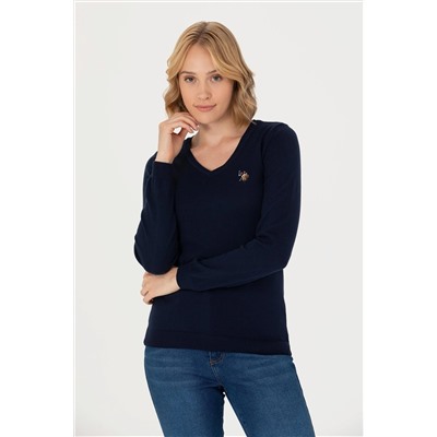 Kadın Lacivert V - Yaka Basic Kazak