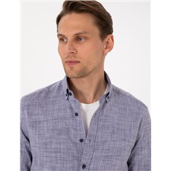 Lacivert Keten Görünümlü Slim Fit Uzun Kollu Gömlek