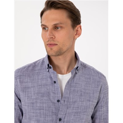Lacivert Keten Görünümlü Slim Fit Uzun Kollu Gömlek