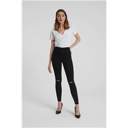 CROSS JEANS Janıe Siyah Yüksek Bel Önü Cepsiz Dizi Kesikli Jegging Jean Pantolon C 4520-007