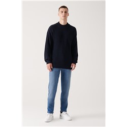 Lacivert Yarım Balıkçı Yaka Cep Detaylı Pamuklu Salaş Triko Kazak