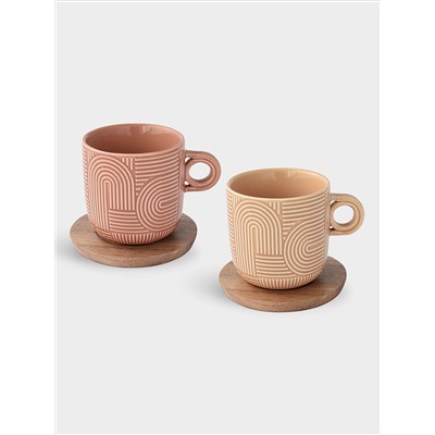 Набор чашек, 2 шт, 0.25 л, бежевый, коричневый, на подставке, акация,  Радуга