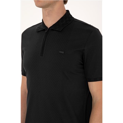 Erkek Regular Fit Siyah Polo Yaka Fermuarlı Tişört