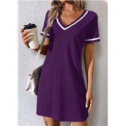 SHEIN LUNE Fashionable Casual V-Neck Color Block Knit Dress With Weave Belt, Black,Summer Dresses For Women