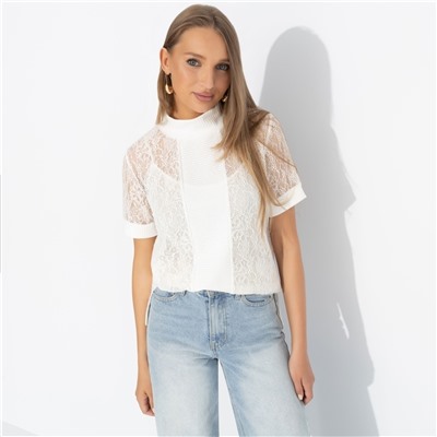 Футболка полупрозрачная с кружевом, Фирменное приветствие (white)