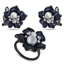 Комплект: кольцо и серьги (улексит, эмаль синяя, кристаллы; черный родий)