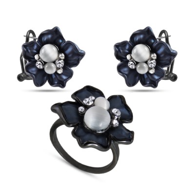 Комплект: кольцо и серьги (улексит, эмаль синяя, кристаллы; черный родий)