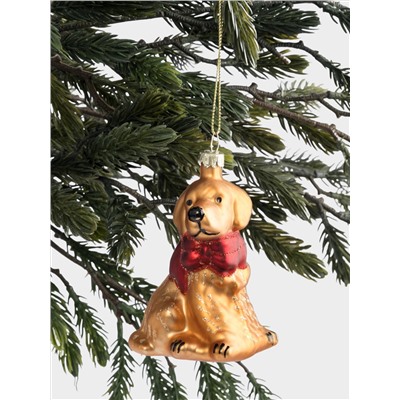 Игрушка елочная, 7х9 см, стекло, золотистая, Собака с бантом, New year