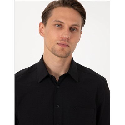 Siyah Basic Regular Fit Kısa Kollu Cepli Gömlek