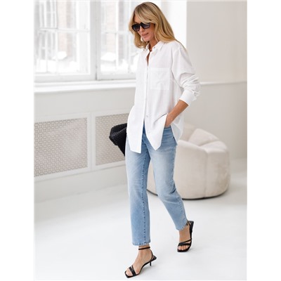 Свободная удлиненная блузка с карманом изо льна с вискозой