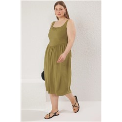 Trendyol Curve Haki Modal Yumuşak Midi Dokuma Büyük Beden Elbise TBBSS25AH00134