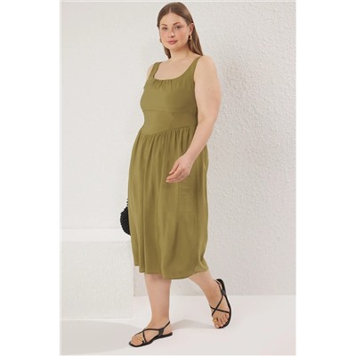 Trendyol Curve Haki Modal Yumuşak Midi Dokuma Büyük Beden Elbise TBBSS25AH00134