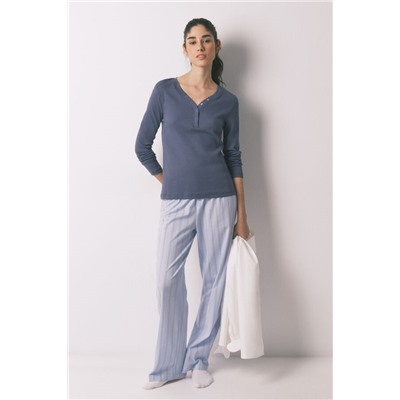 Camiseta manga larga algodón canalé azul