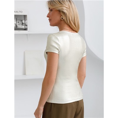 Футболка облегающая из хлопка в рубчик с V вырезом и матовым покрытием металлик