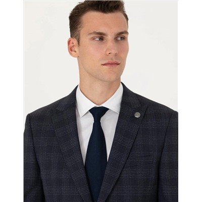Lacivert Ekose Ekstra Slim Fit Yün Karışımlı Takım Elbise