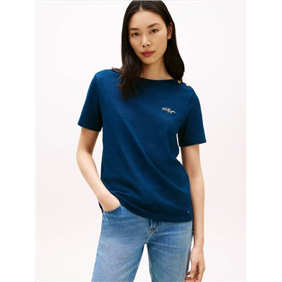 Gold-Button Cotton Interlock T-Shirt