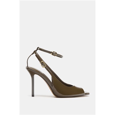 FAUX PATENT OPEN-TOE SLINGBACK HEELS