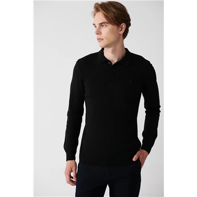 Avva Erkek Siyah 3 Düğmeli Polo Yaka Regular Fit Standart Kesim Triko Kazak E005006