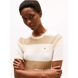 Short-Sleeve Stripe Cable Knit Sweater