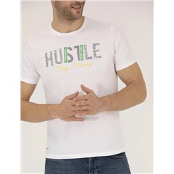 Beyaz Slim Fit Baskılı Bisiklet Yaka Tişört