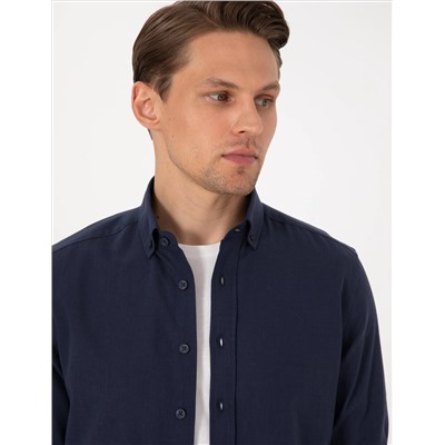 Koyu Lacivert Keten Görünümlü Slim Fit Uzun Kollu Gömlek