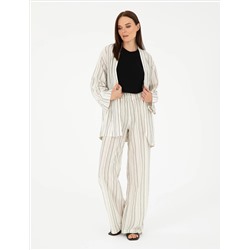 Ekru Dokulu Yüksek Bel Loose Fit Pantolon