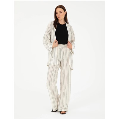 Ekru Dokulu Yüksek Bel Loose Fit Pantolon
