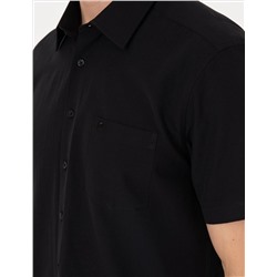 Siyah Basic Regular Fit Kısa Kollu Cepli Gömlek