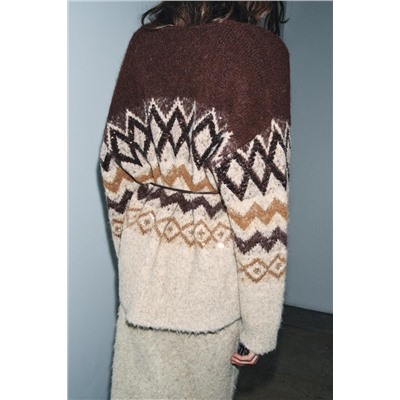 JACQUARD SEQUIN KNIT CARDIGAN WITH BELT