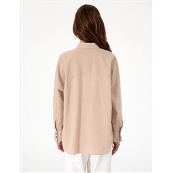 Bej Oversize Keten Karışımlı Uzun Kollu Gömlek