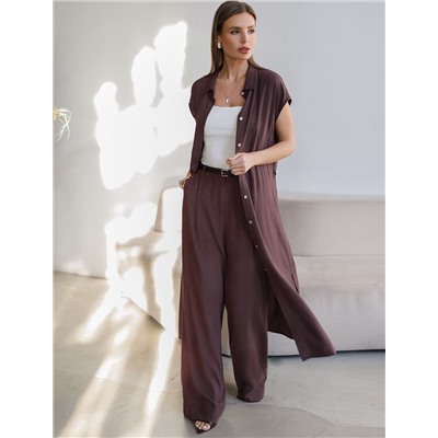 Длинное платье-рубашка с поясом и разрезами изо льна с вискозой