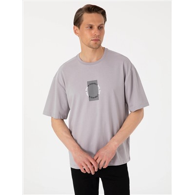 Gri Comfort Fit Bisiklet Yaka Tişört
