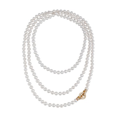 Колье (жемчуг белый 7-8мм, фианит; покрытие золото) 140см, Есть комплект