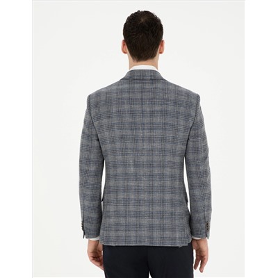 Gri Ex. Slim Fit Yün Karışımlı Ekose Ceket