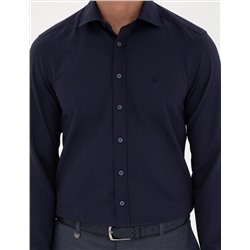 Lacivert Slim Fit Armürlü Uzun Kollu Gömlek