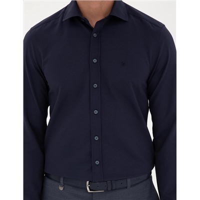 Lacivert Slim Fit Armürlü Uzun Kollu Gömlek