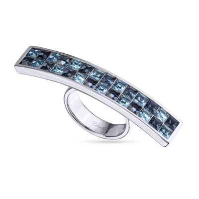 Кольцо Квадро (кристаллы SW джинс, аквамарин; покрытие родий), Есть комплект