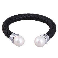 Браслет Дуэт (Майорка 14мм белая, кожа черная; покрытие родий), Есть комплект