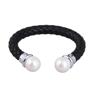 Браслет Дуэт (Майорка 14мм белая, кожа черная; покрытие родий), Есть комплект