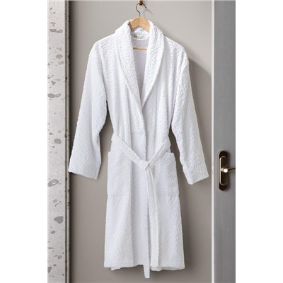 Bernay %100 Pamuk Jakarlı Unisex Şalyaka Bornoz - Beyaz - Natural Koleksiyon