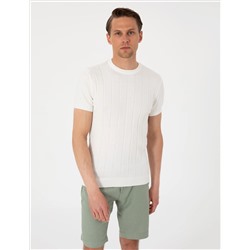 Ekru Slim Fit %100 Pamuk Bisiklet Yaka Triko Tişört