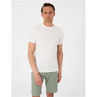 Ekru Slim Fit %100 Pamuk Bisiklet Yaka Triko Tişört